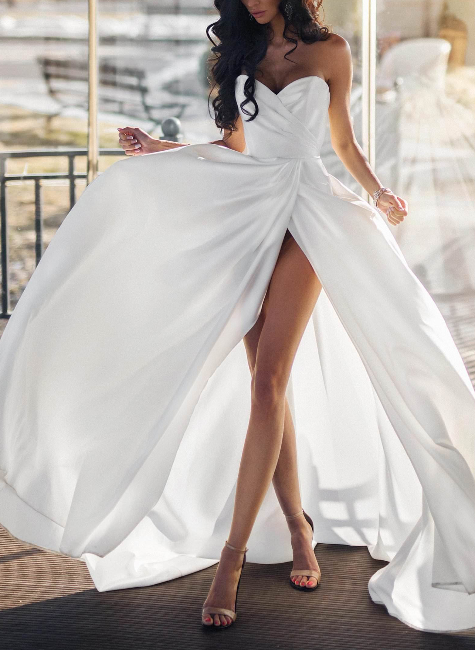 Beach Satin Sweetheart A-Line Wedding Dresses With High Slit