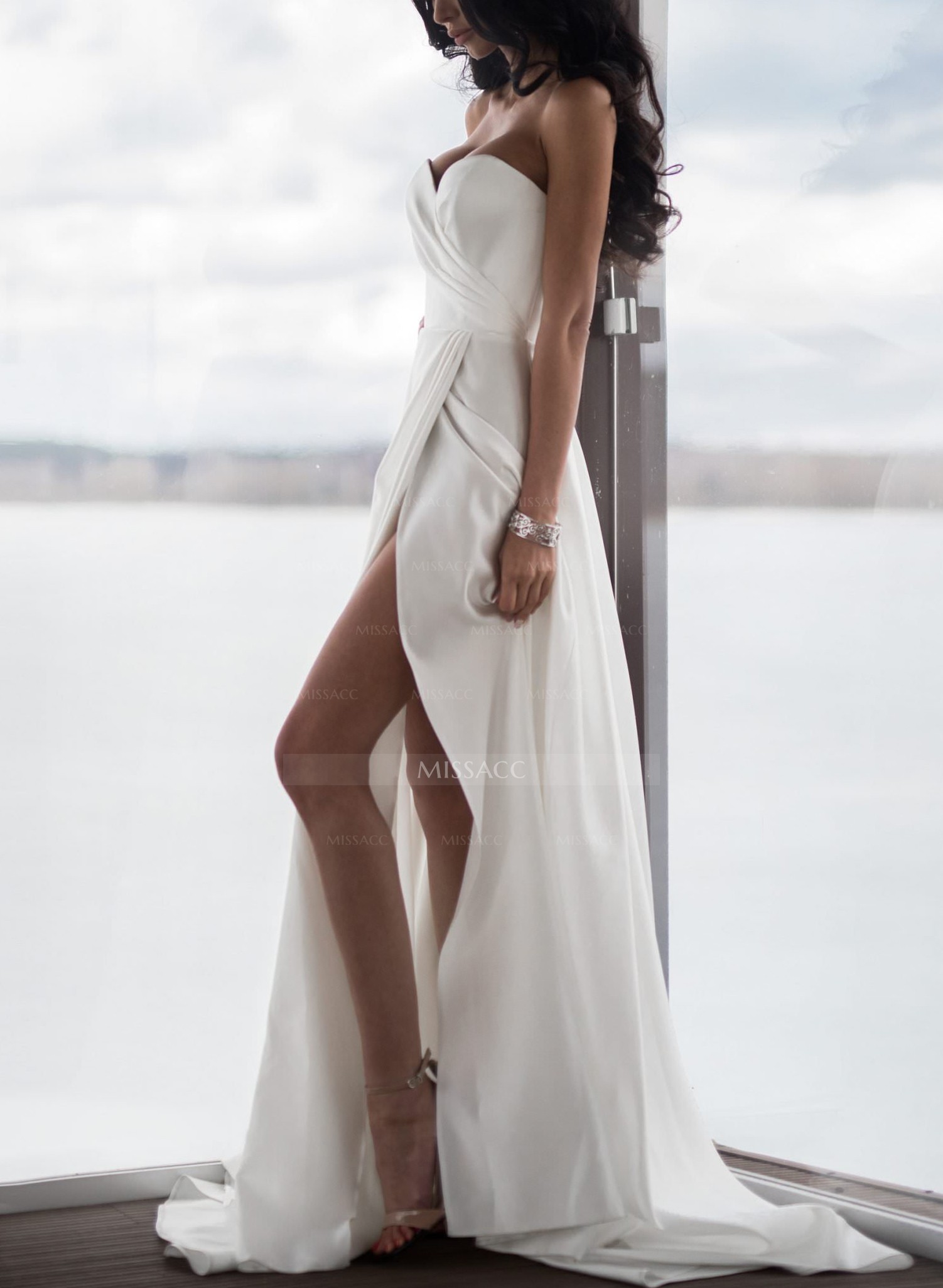 Beach Satin Sweetheart A-Line Wedding Dresses With High Slit