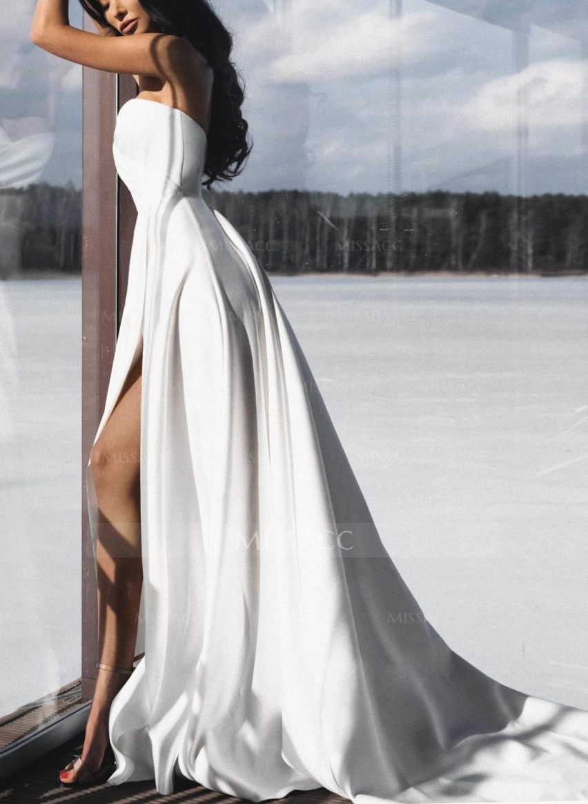 Beach Satin Sweetheart A-Line Wedding Dresses With High Slit