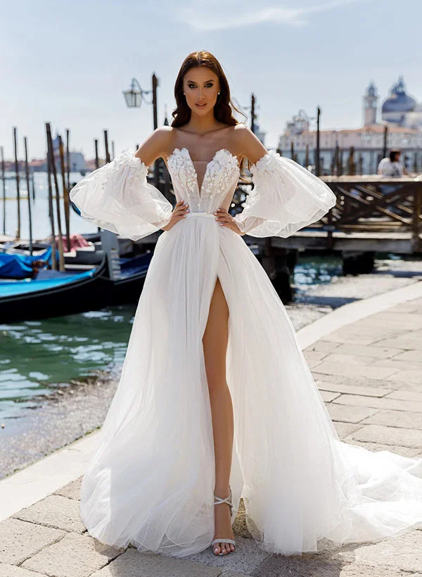 A-Line Sweetheart Short Sleeves Sweep Train Tulle Wedding Dresses