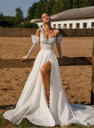 A-Line One-Shoulder Long Sleeves Court Train Wedding Dresses With Appliques Lace