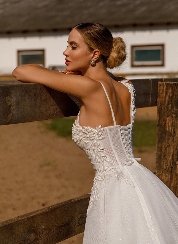 A-Line One-Shoulder Long Sleeves Court Train Wedding Dresses With Appliques Lace