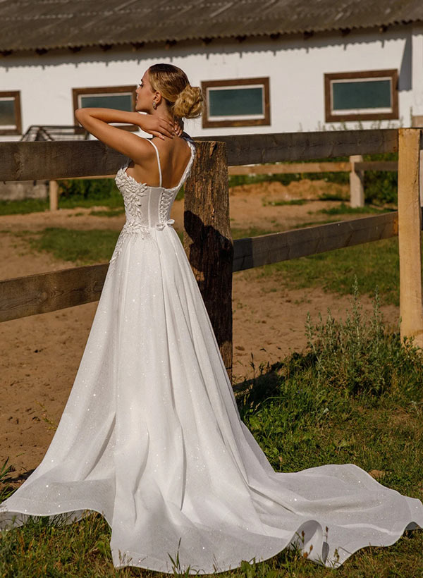 A-Line One-Shoulder Long Sleeves Court Train Wedding Dresses With Appliques Lace