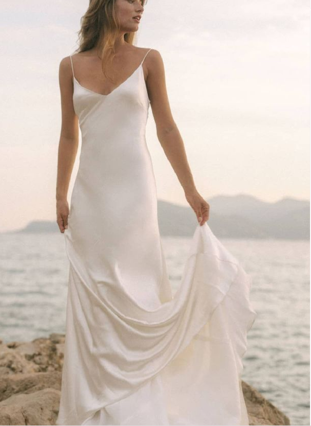 Simple Open Back Silk Like Satin Wedding Dresses With V-Neck