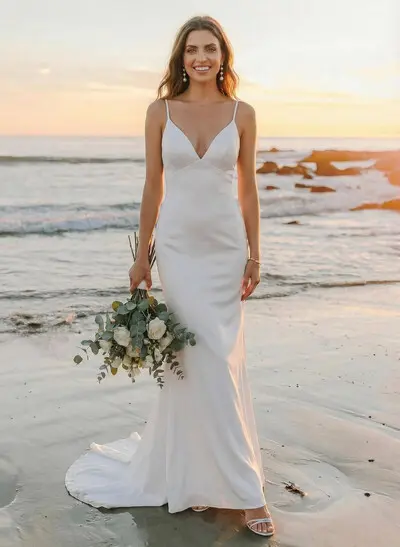 Boho Beach Open Back Charmeuse Wedding Dresses With Spaghetti Straps V-Neck