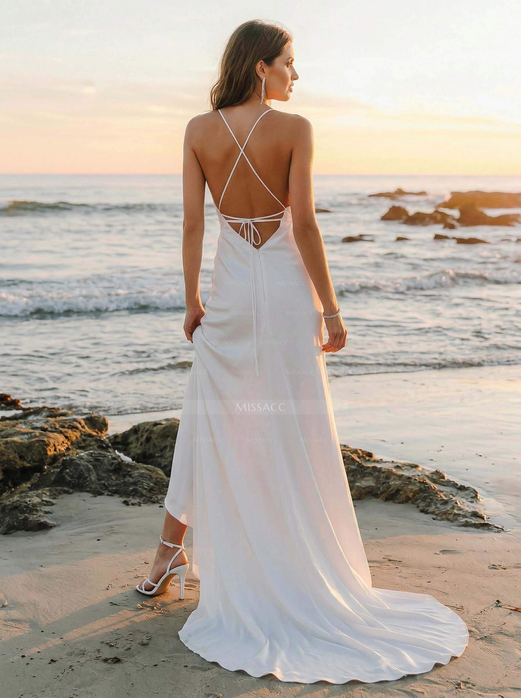 Boho Beach Open Back Charmeuse Wedding Dresses With Spaghetti Straps V-Neck