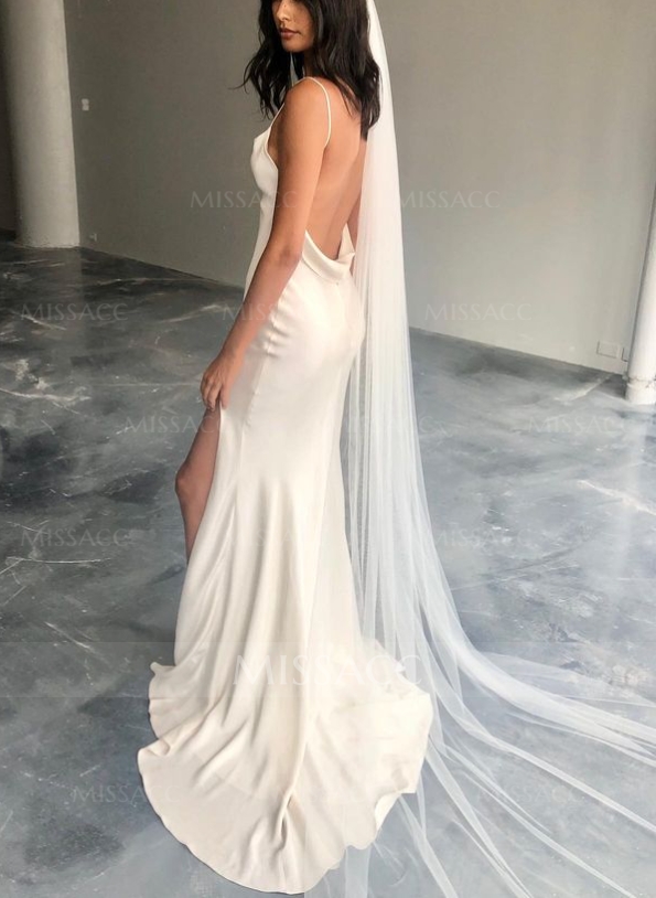 Boho Open Back Spaghetti Straps Slit Wedding Dresses With Silk Like Satin