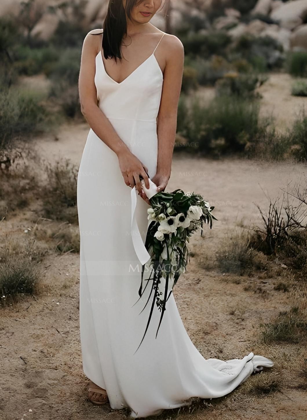 Simple Boho Backless V-Neck Wedding Dresses With Silk Like Satin