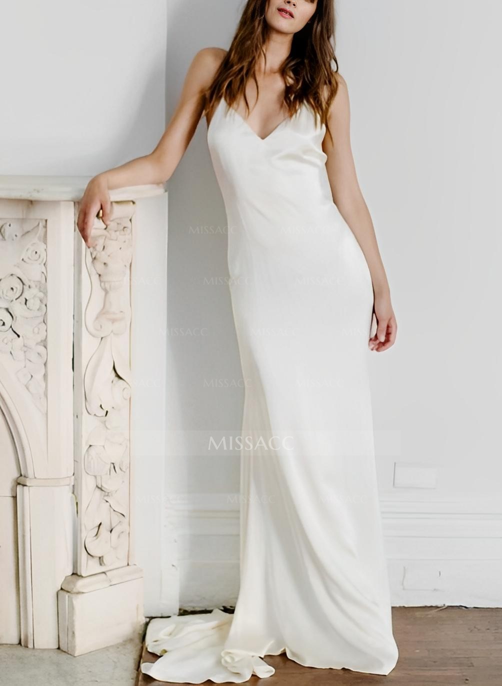 Simple Boho Backless V-Neck Wedding Dresses With Silk Like Satin