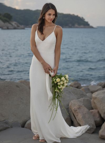 Simple Boho Backless V-Neck Wedding Dresses With Silk Like Satin