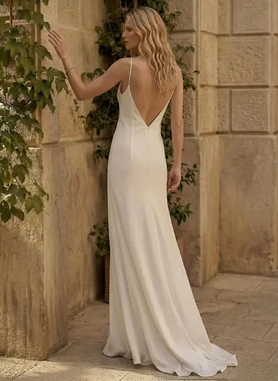 Simple Boho Backless V-Neck Wedding Dresses With Elastic Satin