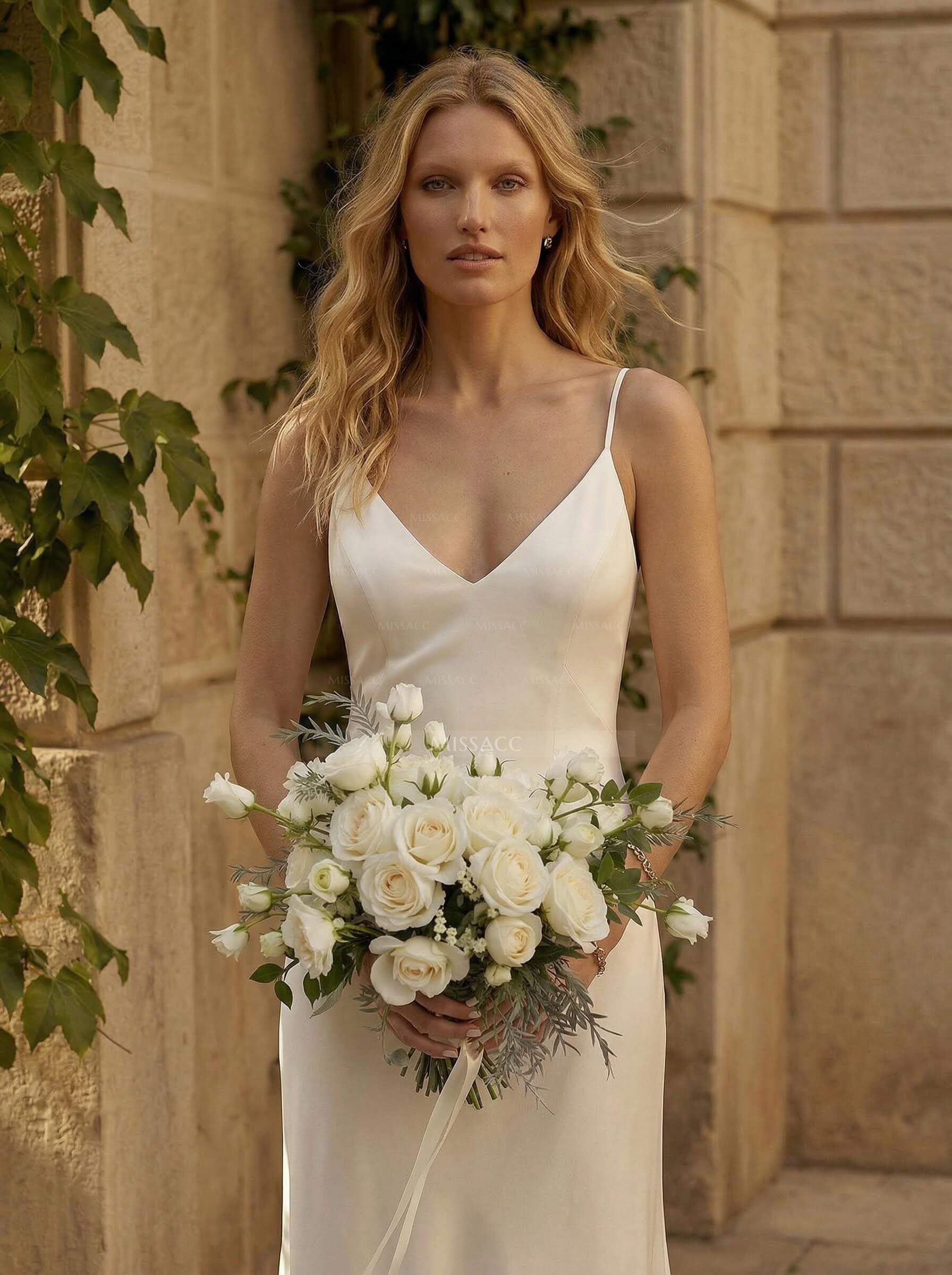 Simple Boho Backless V-Neck Wedding Dresses With Silk Like Satin