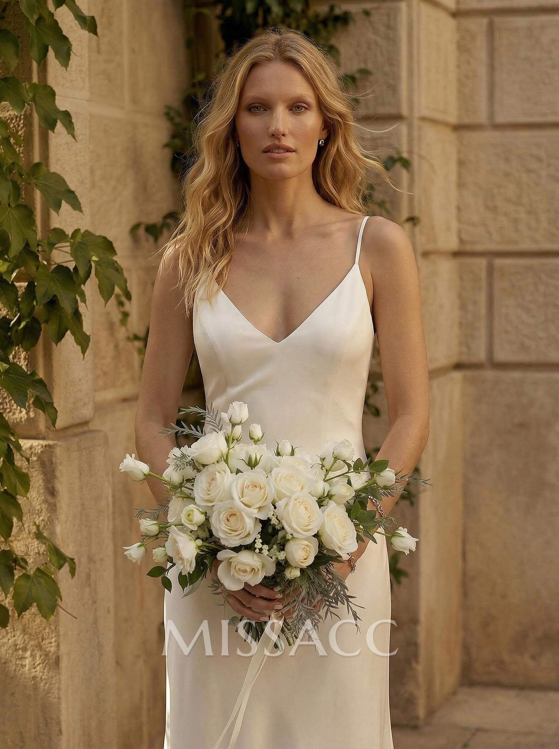Simple Boho Backless V-Neck Wedding Dresses With Elastic Satin Simple Boho Backless V-Neck Wedding Dresses With Elastic Satin