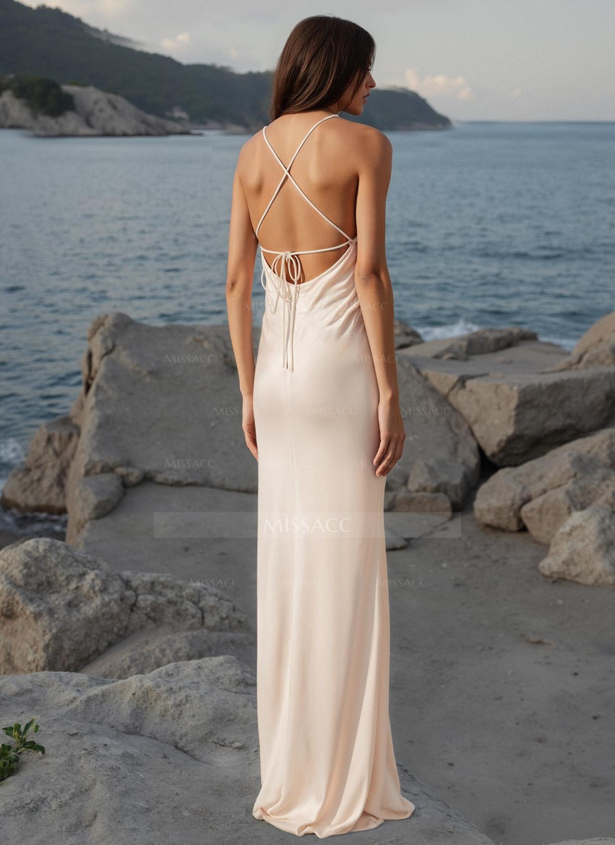 Beach Square Neckline Open Back Spaghetti Straps Wedding Dresses