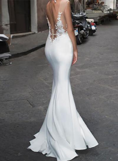 Trumpet/Mermaid Illusion Neck Lace/Jersey Wedding Dresses With Split Front