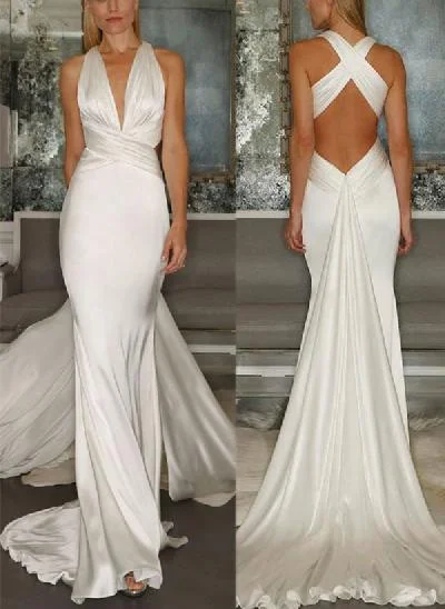 Mermaid V-Neck Sleeveless Sweep Train Silk Like Satin Wedding Dresses