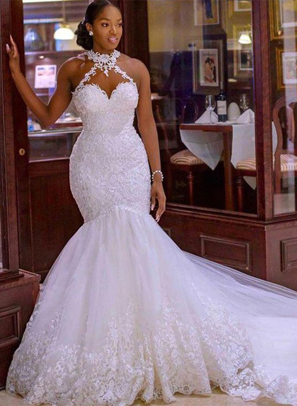 Trumpet/Mermaid Halter Sleeveless Luxury Lace/Tulle Wedding Dresses