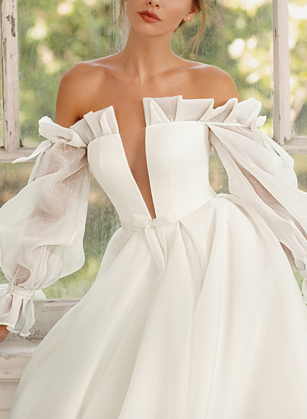 A-Line Off-The-Shoulder Long Sleeves Tulle Wedding Dresses With Bow(s)