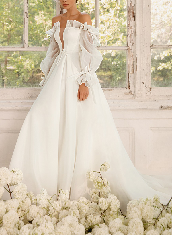 A-Line Off-The-Shoulder Long Sleeves Tulle Wedding Dresses With Bow(s)