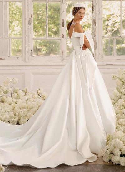 A-Line Scoop Neck Sleeveless Satin Wedding Dresses With Bow(s)/Pockets
