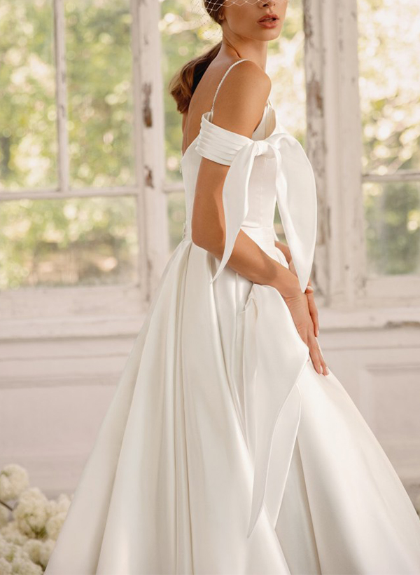 A-Line Scoop Neck Sleeveless Satin Wedding Dresses With Bow(s)/Pockets