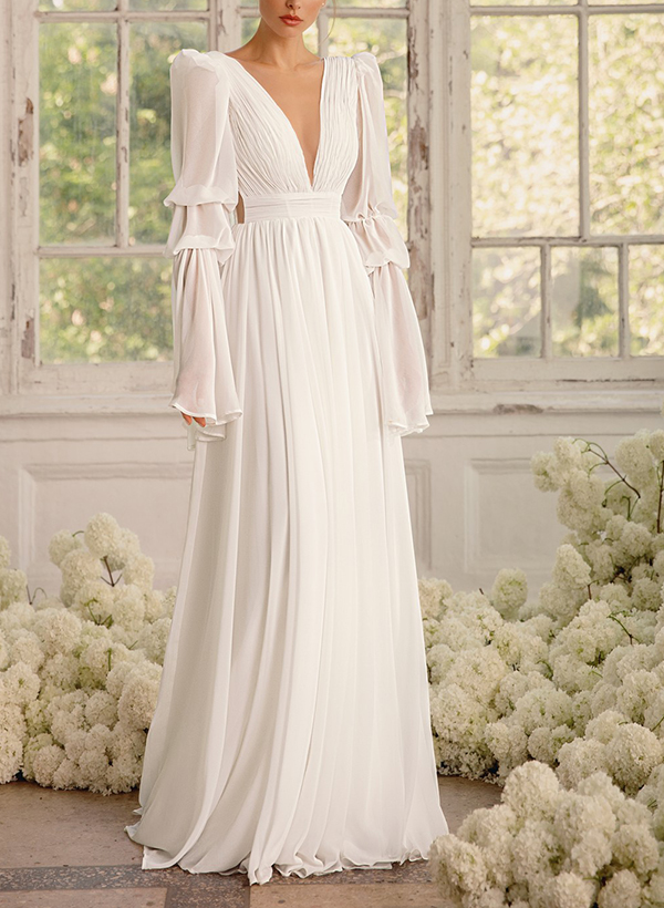 A-Line Illusion Neck Long Sleeves Chiffon Elegant Wedding Dresses With Pleated