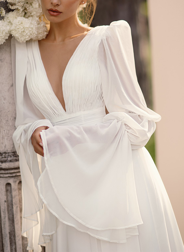 A-Line Illusion Neck Long Sleeves Chiffon Elegant Wedding Dresses With Pleated