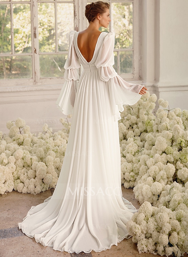 A-Line Illusion Neck Long Sleeves Chiffon Elegant Wedding Dresses With Pleated