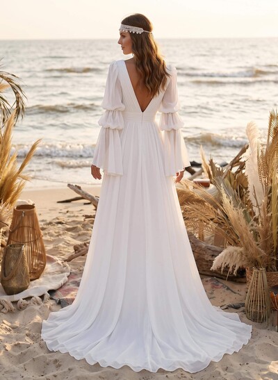 A-Line Illusion Neck Long Sleeves Chiffon Elegant Wedding Dresses With Pleated