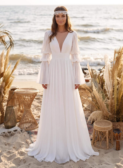 A-Line Illusion Neck Long Sleeves Chiffon Elegant Wedding Dresses With Pleated