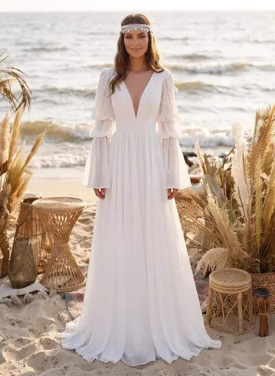 A-Line Illusion Neck Long Sleeves Chiffon Elegant Wedding Dresses With Pleated