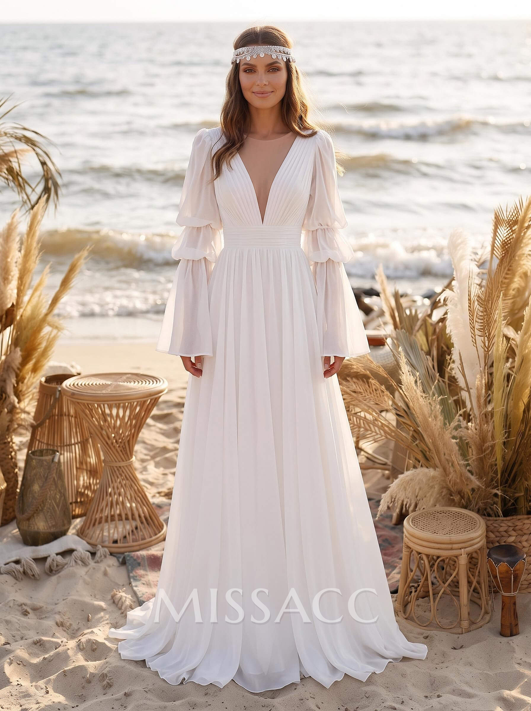 A-Line Illusion Neck Long Sleeves Chiffon Elegant Wedding Dresses With Pleated