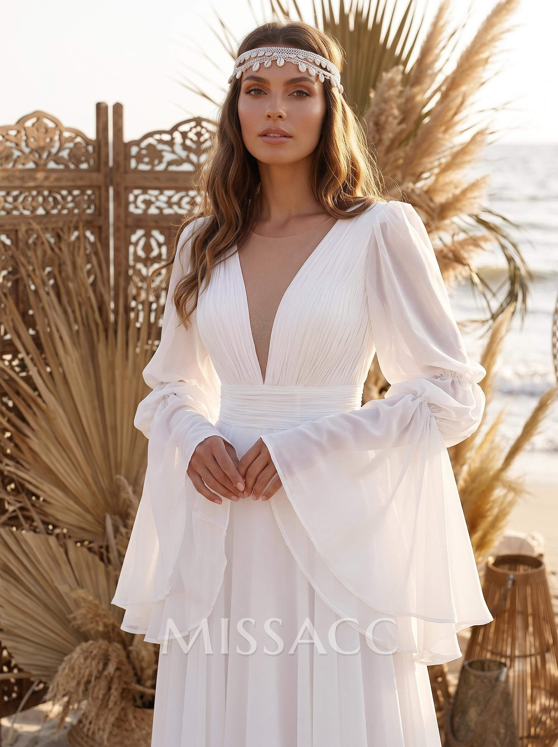 A-Line Illusion Neck Long Sleeves Chiffon Elegant Wedding Dresses With Pleated