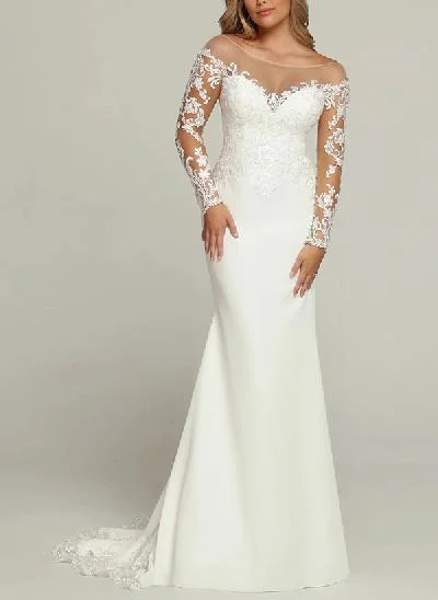 Trumpet/Mermaid Illusion Neck Long Sleeves Lace/Elastic Satin Wedding Dresses