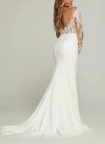 Trumpet/Mermaid Illusion Neck Long Sleeves Lace/Elastic Satin Wedding Dresses