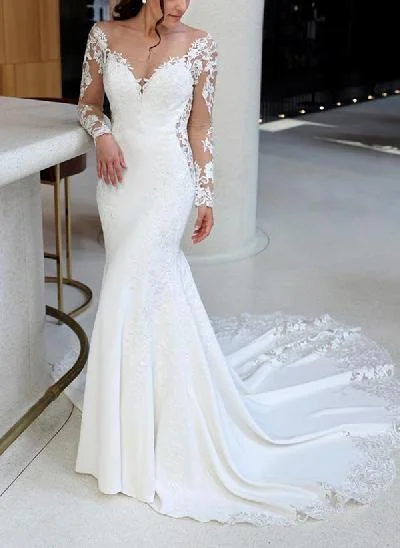 Trumpet/Mermaid Illusion Neck Long Sleeves Lace/Elastic Satin Wedding Dresses