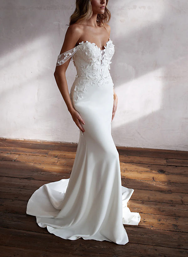 Sheath Sweetheart Long Sleeves Sweep Train Lace/Elastic Satin Wedding Dresses With Lace
