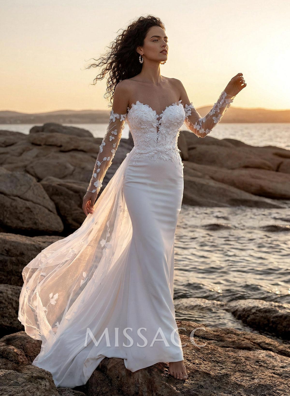 Sheath Sweetheart Long Sleeves Sweep Train Lace/Elastic Satin Wedding Dresses With Lace Sheath Sweetheart Long Sleeves Sweep Train Lace/Elastic Satin Wedding Dresses With Lace