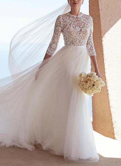 A-Line High Neck 3/4 Sleeves Lace/Tulle Wedding Dresses With Bow(s)