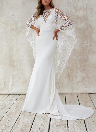 Mermaid Illusion Neck Sweep Train Lace/Elastic Satin Wedding Dresses With Lace