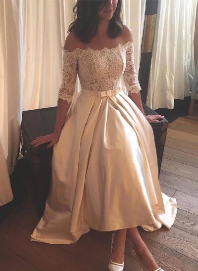 A-Line Off-The-Shoulder 1/2 Sleeves Lace/Satin Wedding Dresses With Bow(s)
