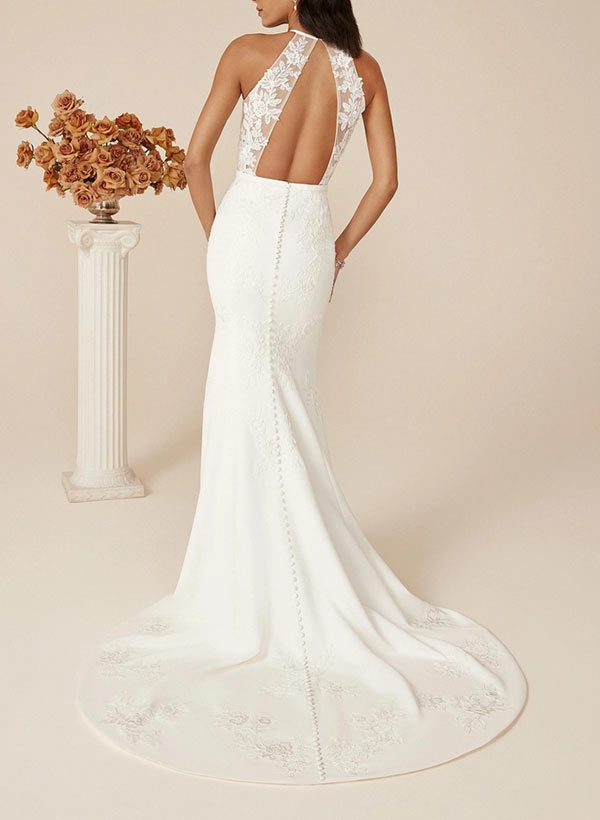 Mermaid Halter Sleeveless Sweep Train Elastic Satin Wedding Dresses With Appliques Lace