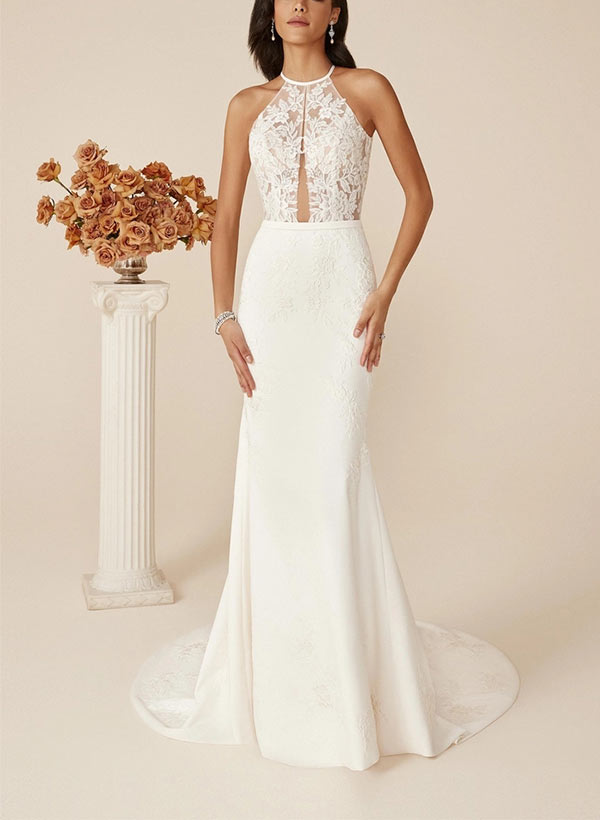 Mermaid Halter Sleeveless Sweep Train Elastic Satin Wedding Dresses With Appliques Lace