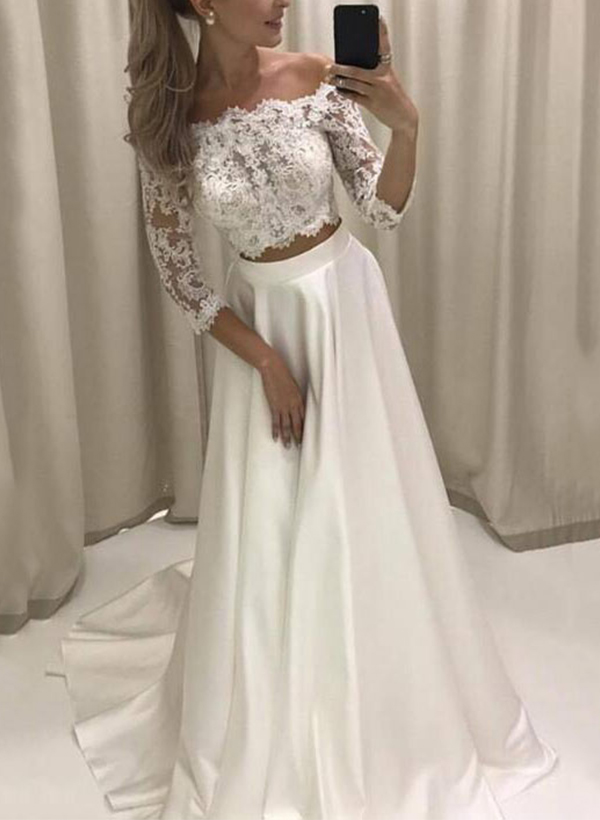 A-Line Off-The-Shoulder 3/4 Sleeves Sweep Train Lace/Satin Wedding Dresses