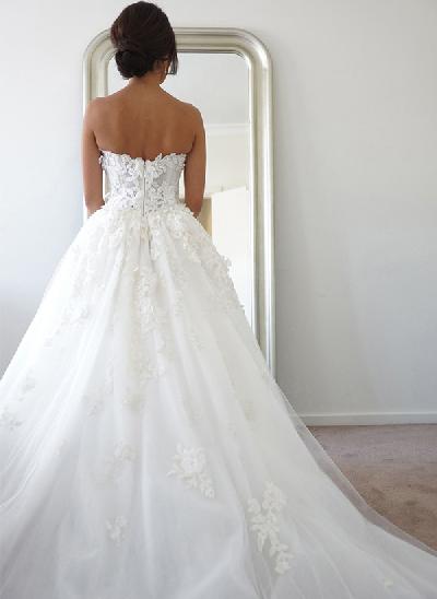 A-Line Sweetheart Sleeveless Tulle Wedding Dresses With Appliques Lace