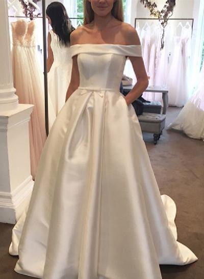 A-Line Off-The-Shoulder Sleeveless Elegant Satin Wedding Dresses With Bow(s)