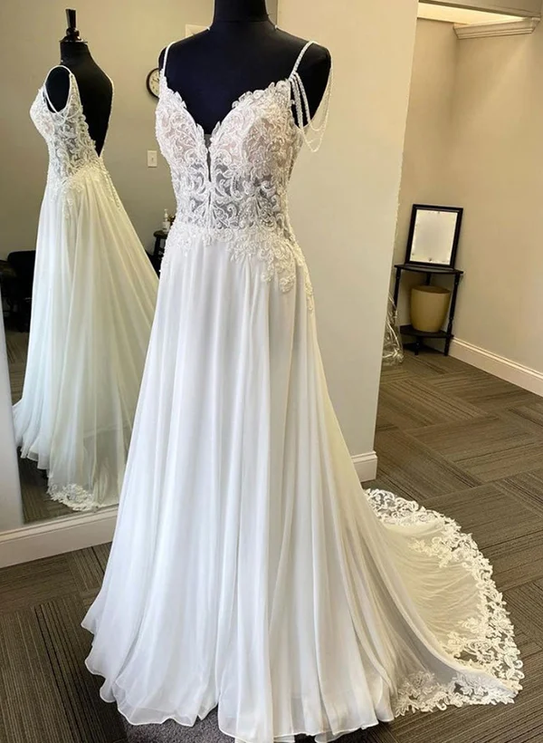 A-Line/Princess V-Neck Sleeveless Lace Wedding Dresses