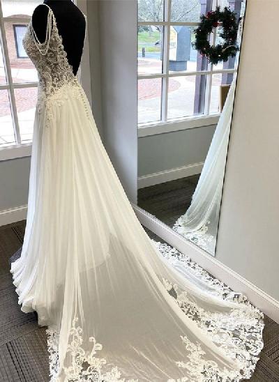 Vintage A-Line V-Neck Sleeveless Lace/Tulle Wedding Dresses With Beading