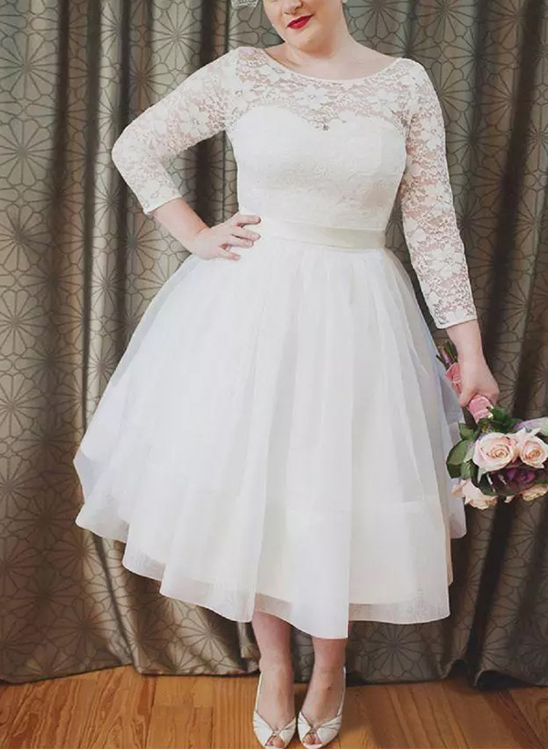 A-Line Scoop Neck 3/4 Sleeves Lace/Tulle Wedding Dresses With Pleated