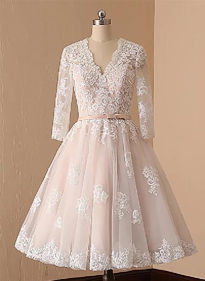 A-Line V-Neck Long Sleeves Lace/Tulle Wedding Dresses With Sash